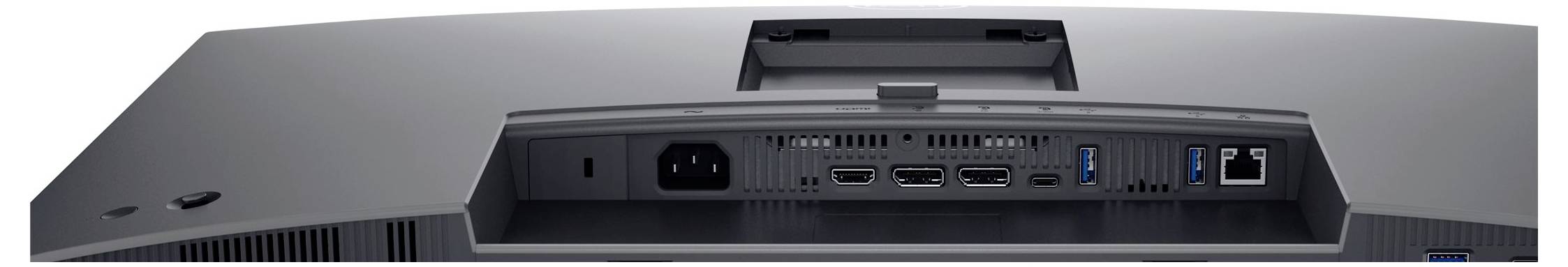 Achterkant van een computermonitor met meerdere aansluitingen: stroomaansluiting, HDMI, DisplayPort, USB- en Ethernet-poorten.
