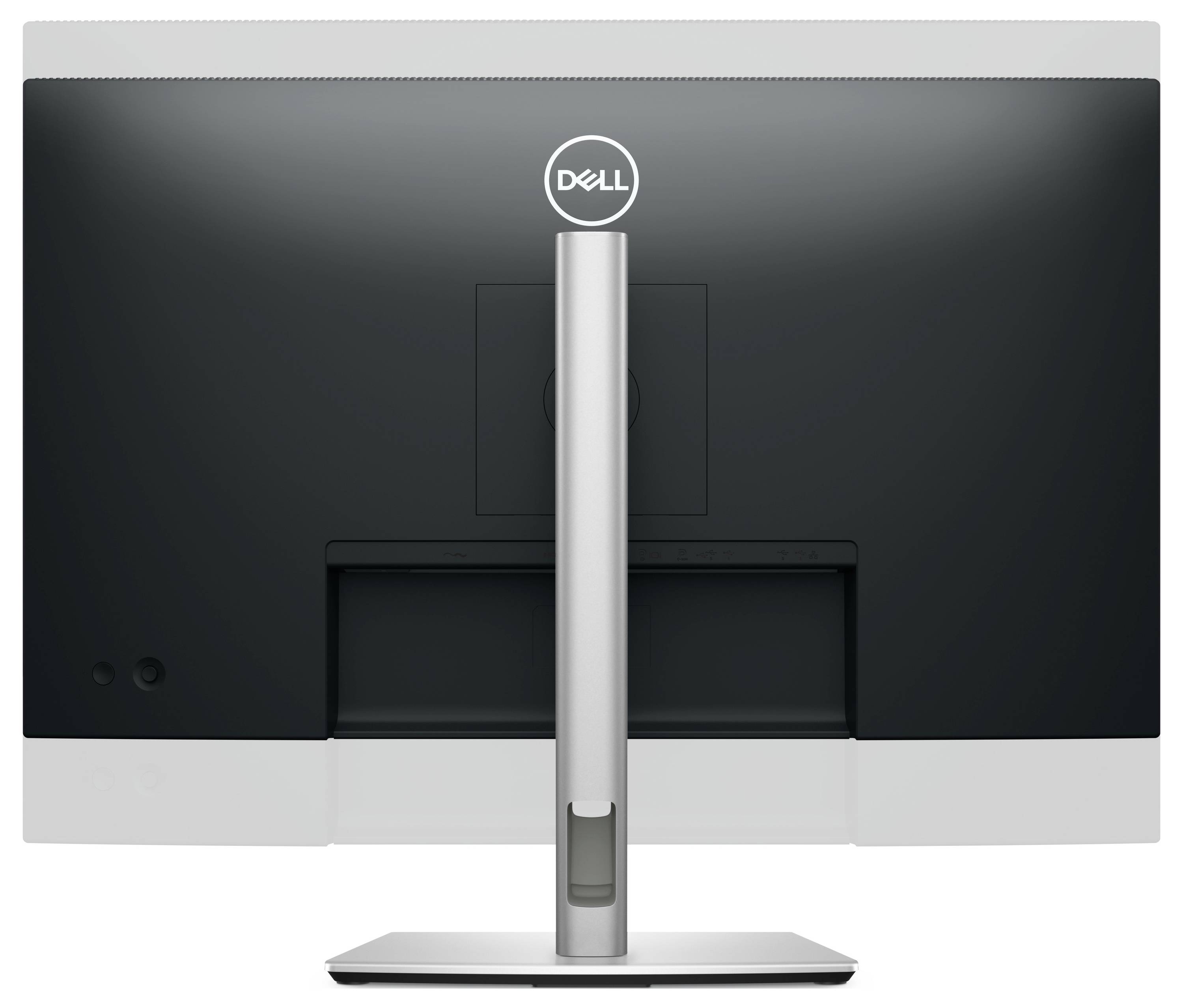 'Achterkant van een Dell-monitor met een zwart scherm en een zilveren voet. Logo in het midden bovenaan.'