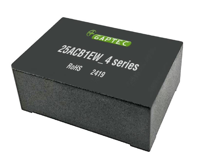 Zwart elektronisch onderdeel met de opdruk 'GAPTEC 25ACB1EW_4 serie, RoHS, 2419'.