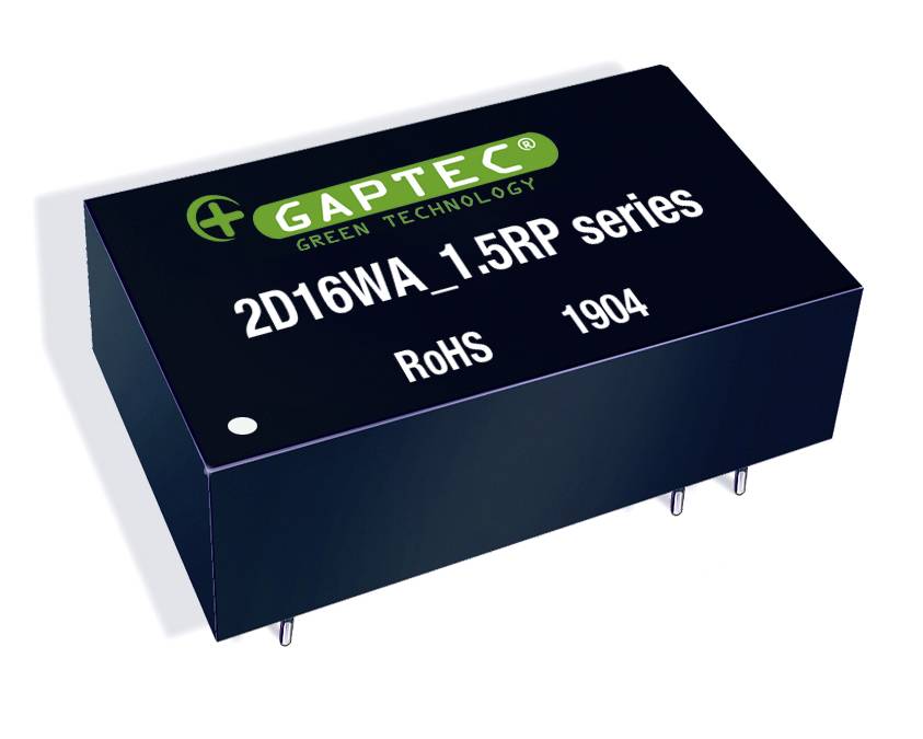 Elektronisch onderdeel van het merk GAPTEC, model '2D16WA_1.5RP serie', met RoHS-markering en serienummer 1904.