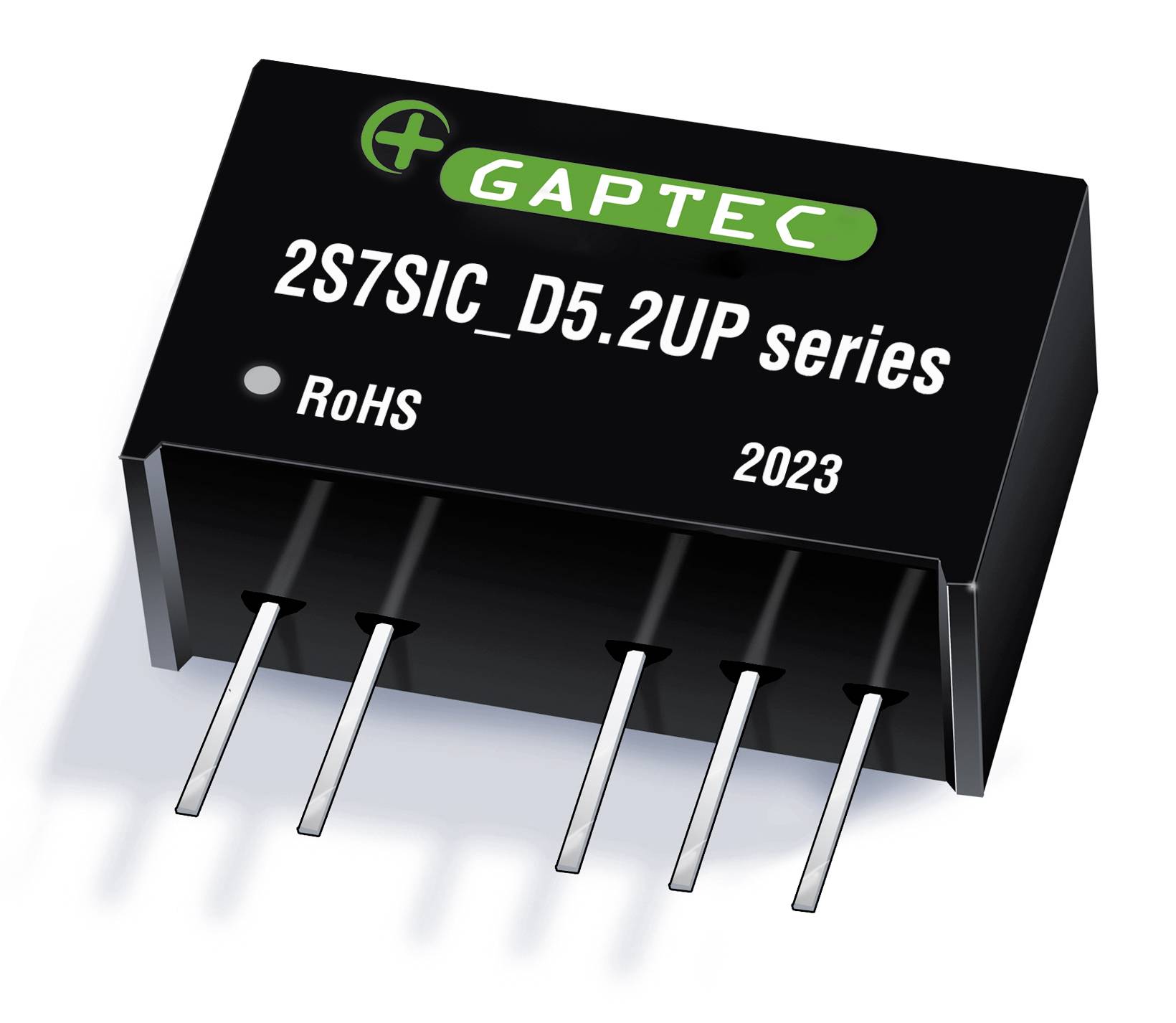 Elektronisch onderdeel met de opdruk 'GAPTEC 2S7SIC_D5.2UP serie'. Gemarkeerd met 'RoHS' en '2023'. Bevat meerdere metalen pinnen.