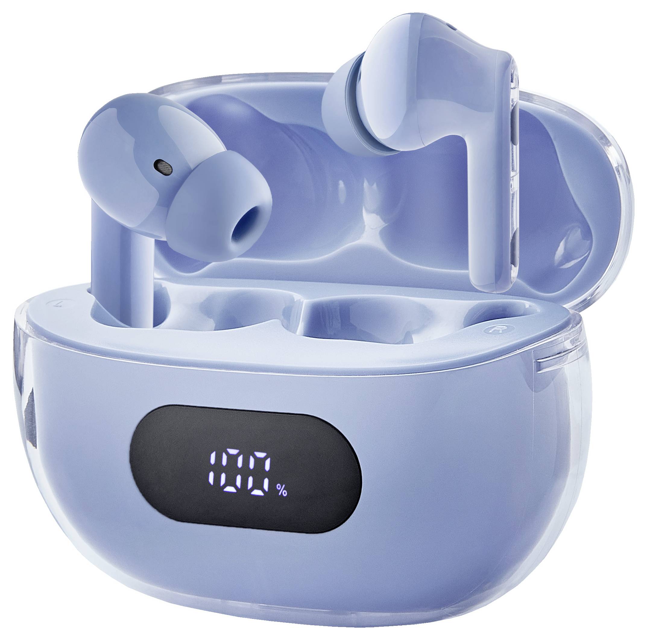 Draadloze blauwe oordopjes in een oplaadcase met een display dat '100%' weergeeft.