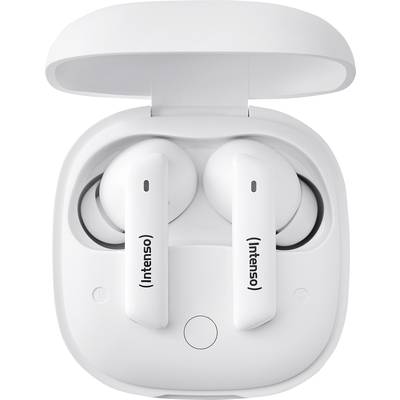 Een paar draadloze in-ear oordopjes in een open oplaadcase. De oordopjes zijn wit met het 'Intenso' logo op elk stuk.