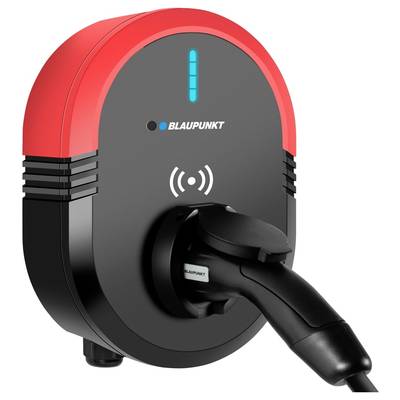 Elektrisch laadstation met rode rand en blauw laadlampje van het merk BLAUPUNKT. Laadmodule met zichtbare kabelaansluiting.