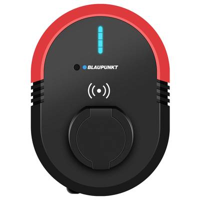 'Oplader van Blaupunkt, zwart-rood, met LED-indicatie en draadloos laadteken.'