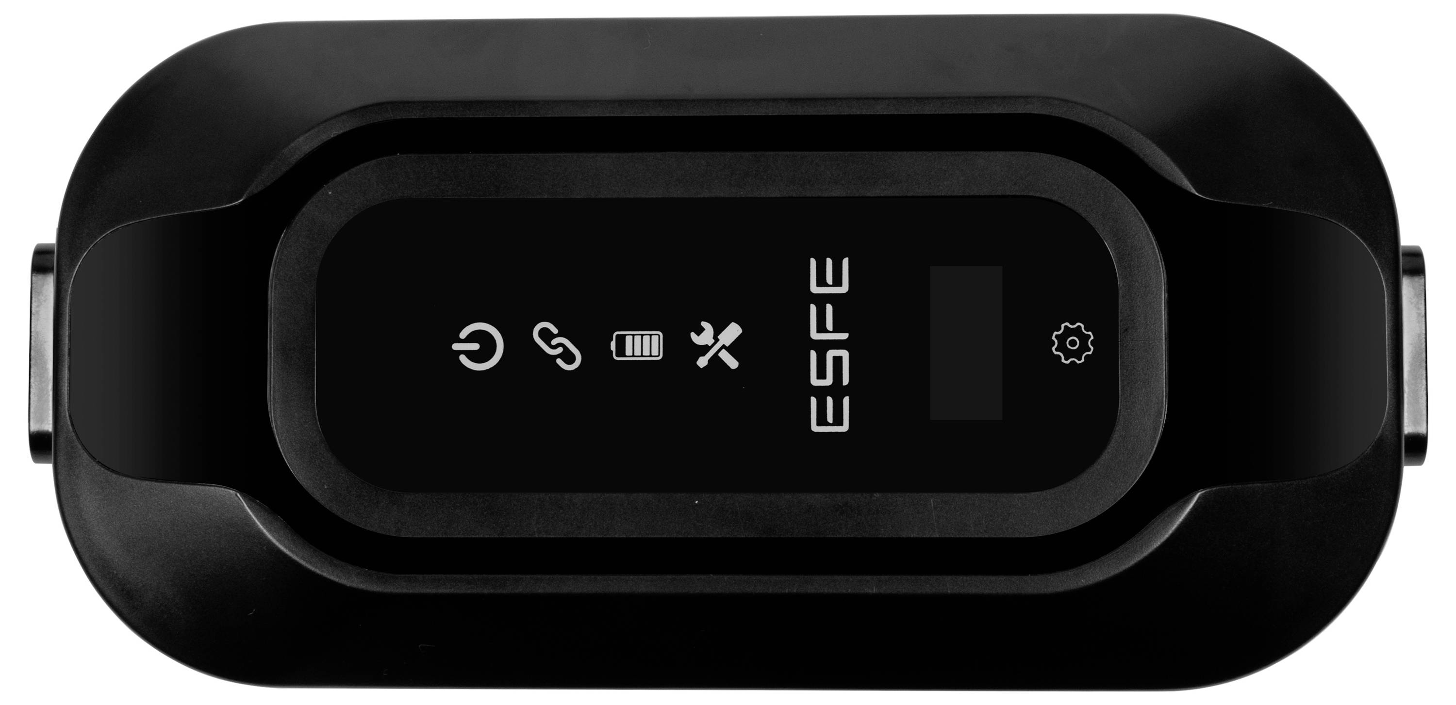 Zwart elektronisch apparaat in ovale vorm met symbolen voor Aan/Uit, Bluetooth, Batterij, Gereedschap en Instellingen op het oppervlak.