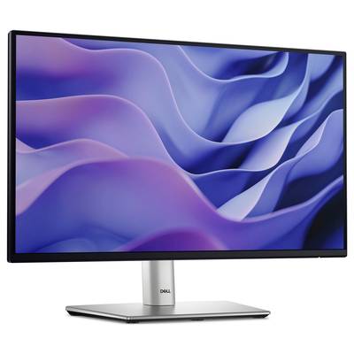Een modern computerscherm van Dell met een geframed scherm en een abstracte, golvende achtergrond in blauwe en paarse tinten.