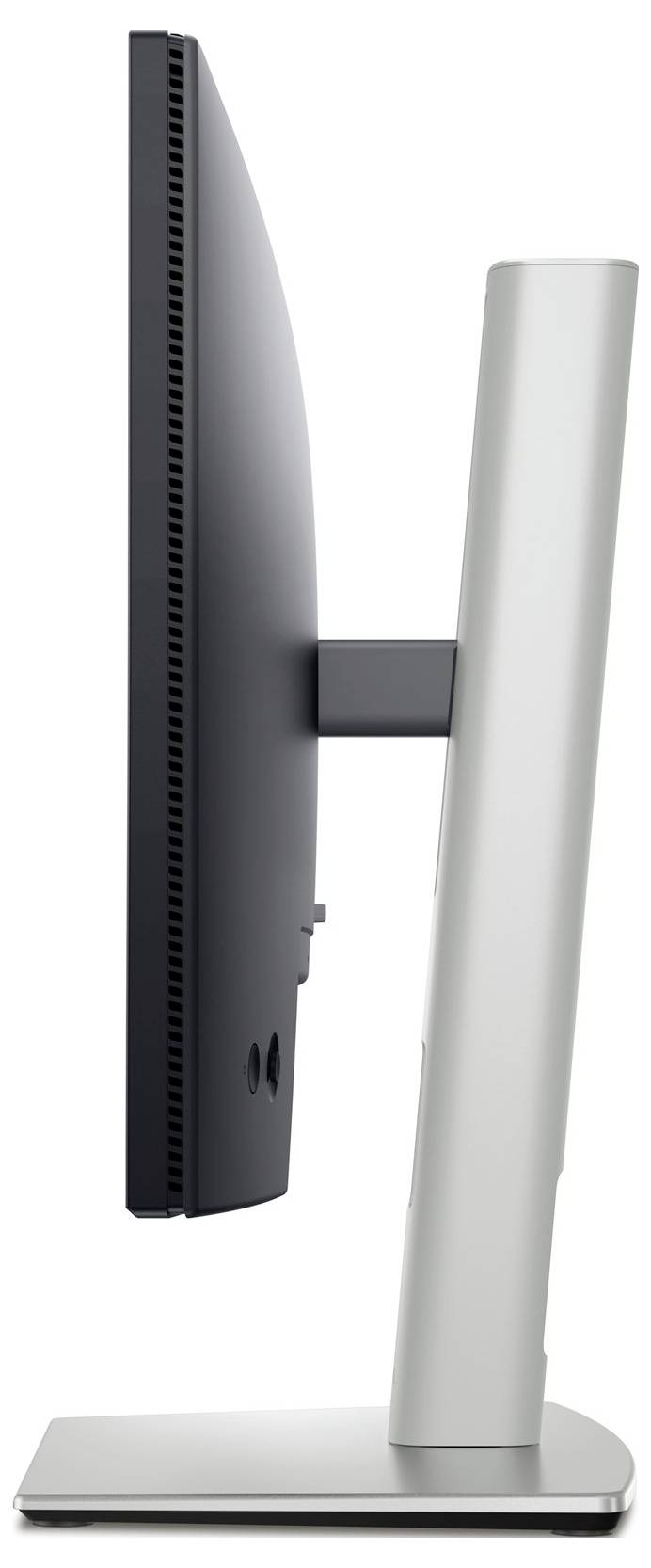 Zijaanzicht van een computerscherm op een standaard, toont het slanke en minimalistische ontwerp van de monitor.