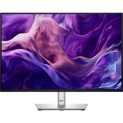Een computerscherm met een abstracte, golvende roze-paarse grafiek op het display. De monitor heeft een smal, zwart frame.