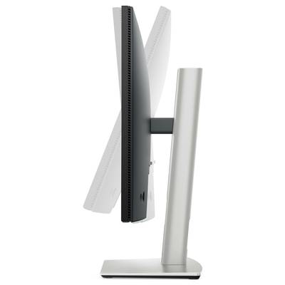 Een monitor, gezien van opzij, met een kantelbaar scherm, gemonteerd op een verstelbare standaard.