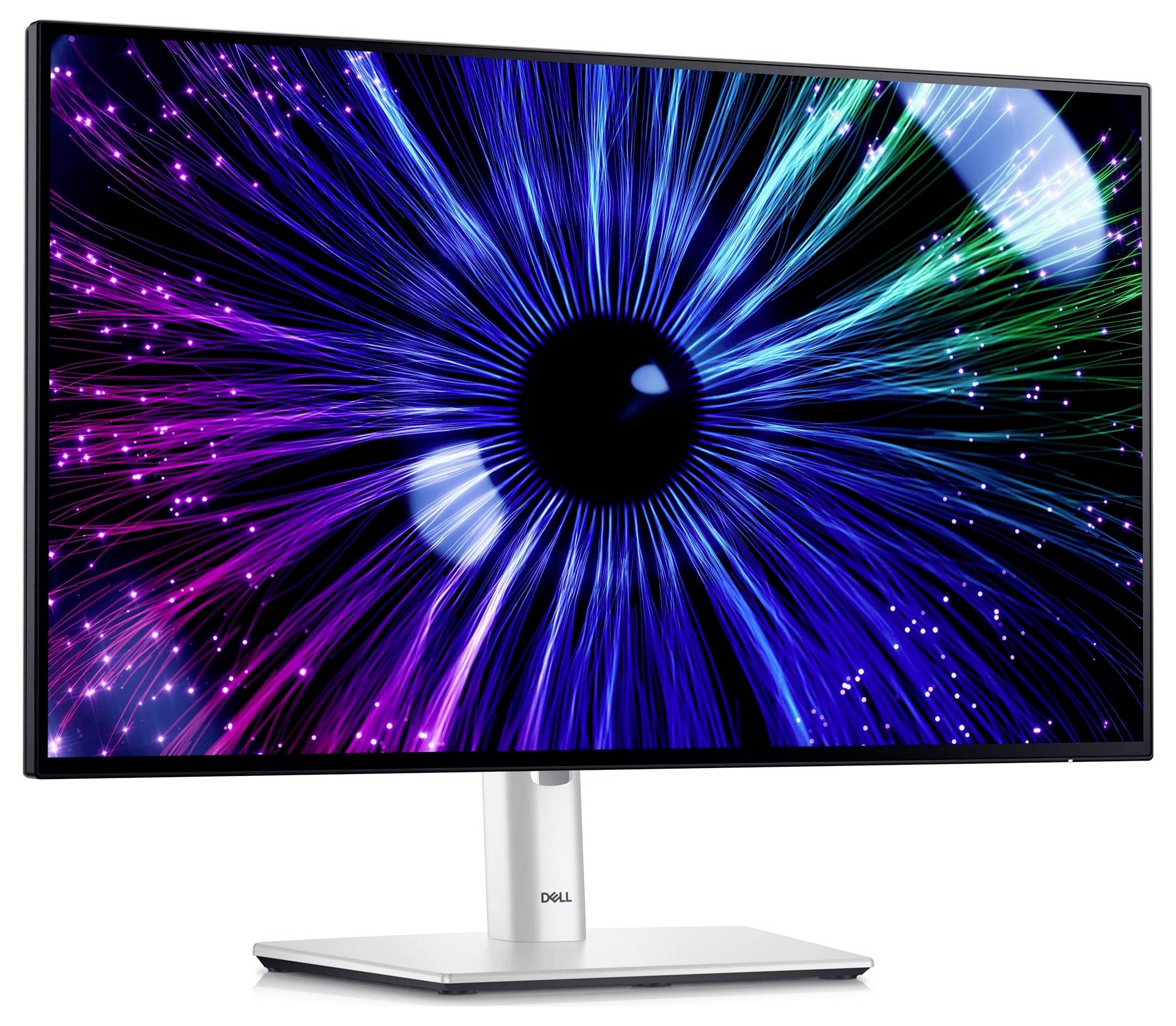 Een moderne monitor toont een weergave van digitale lijnen in stralende blauw-, paars- en groentinten, gelijkend op een oog.