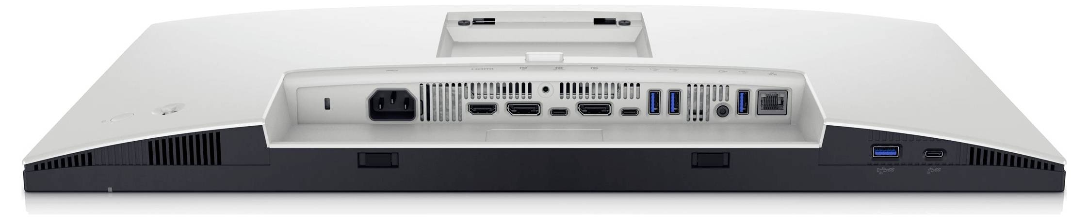 Achterkant van een computermonitor met diverse aansluitingen, waaronder HDMI, DisplayPort, USB en stroomaansluiting.