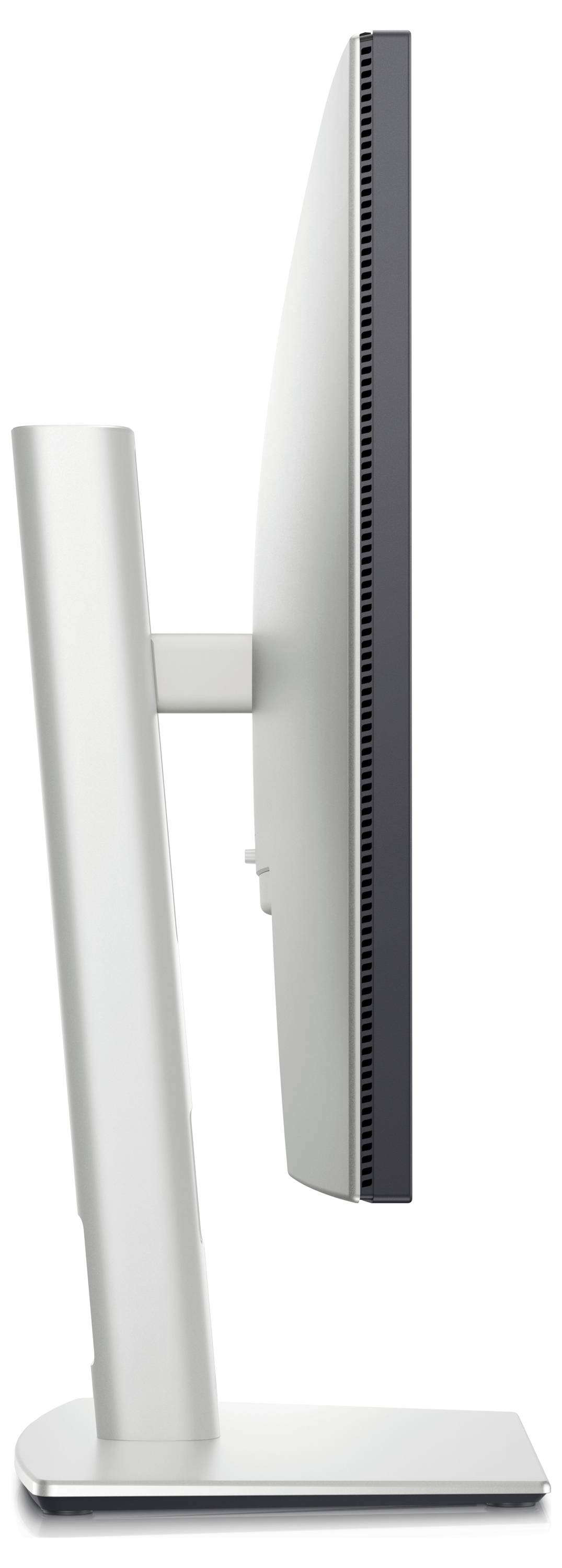 Een ultraplatte monitor in profiel, gemonteerd op een stevige metalen standaard. Het scherm is vlak en randloos, ideaal voor moderne kantoren.