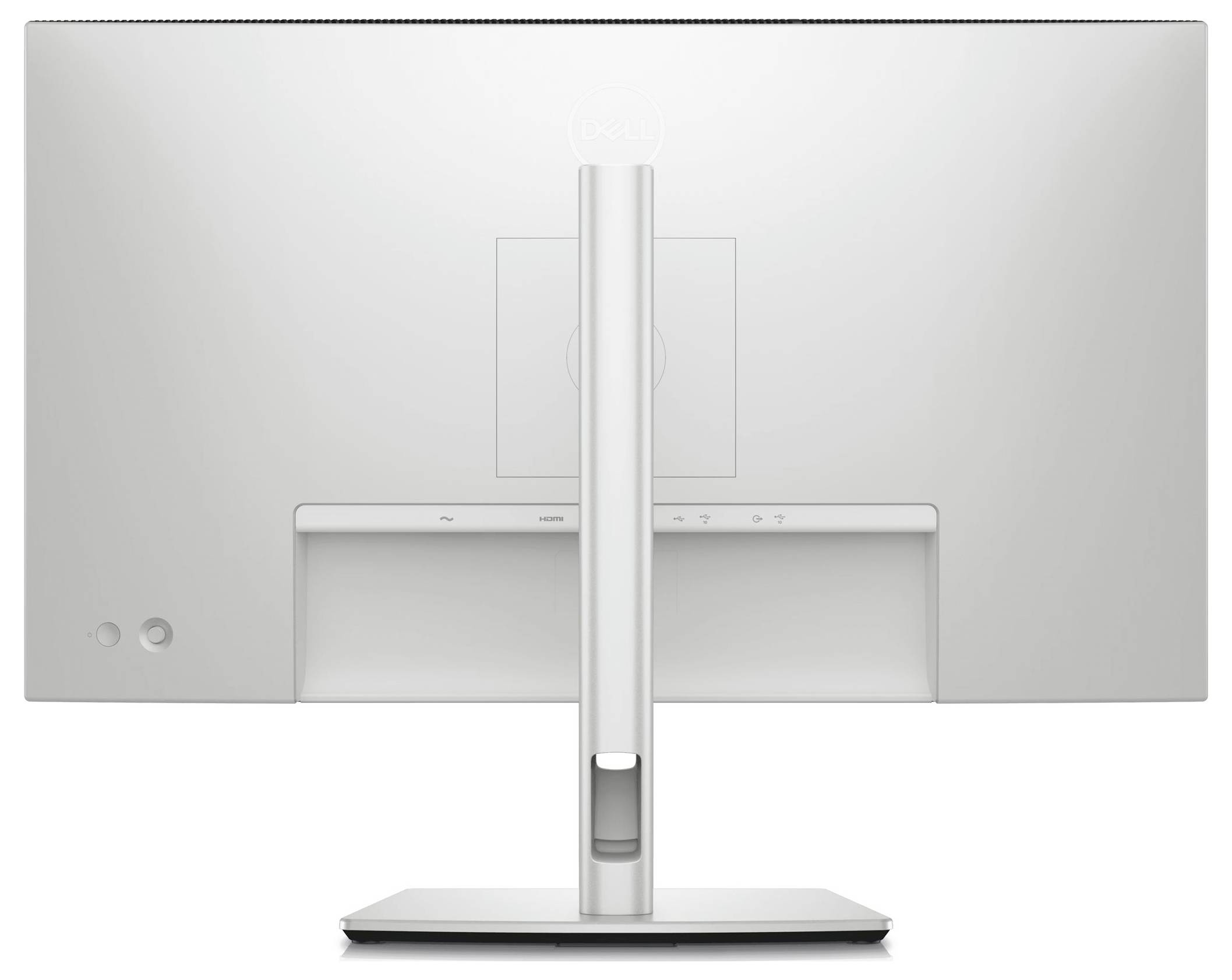 Een monitor van achteren met een stabiele voet. Het scherm is licht gekanteld en heeft een strak, modern design.