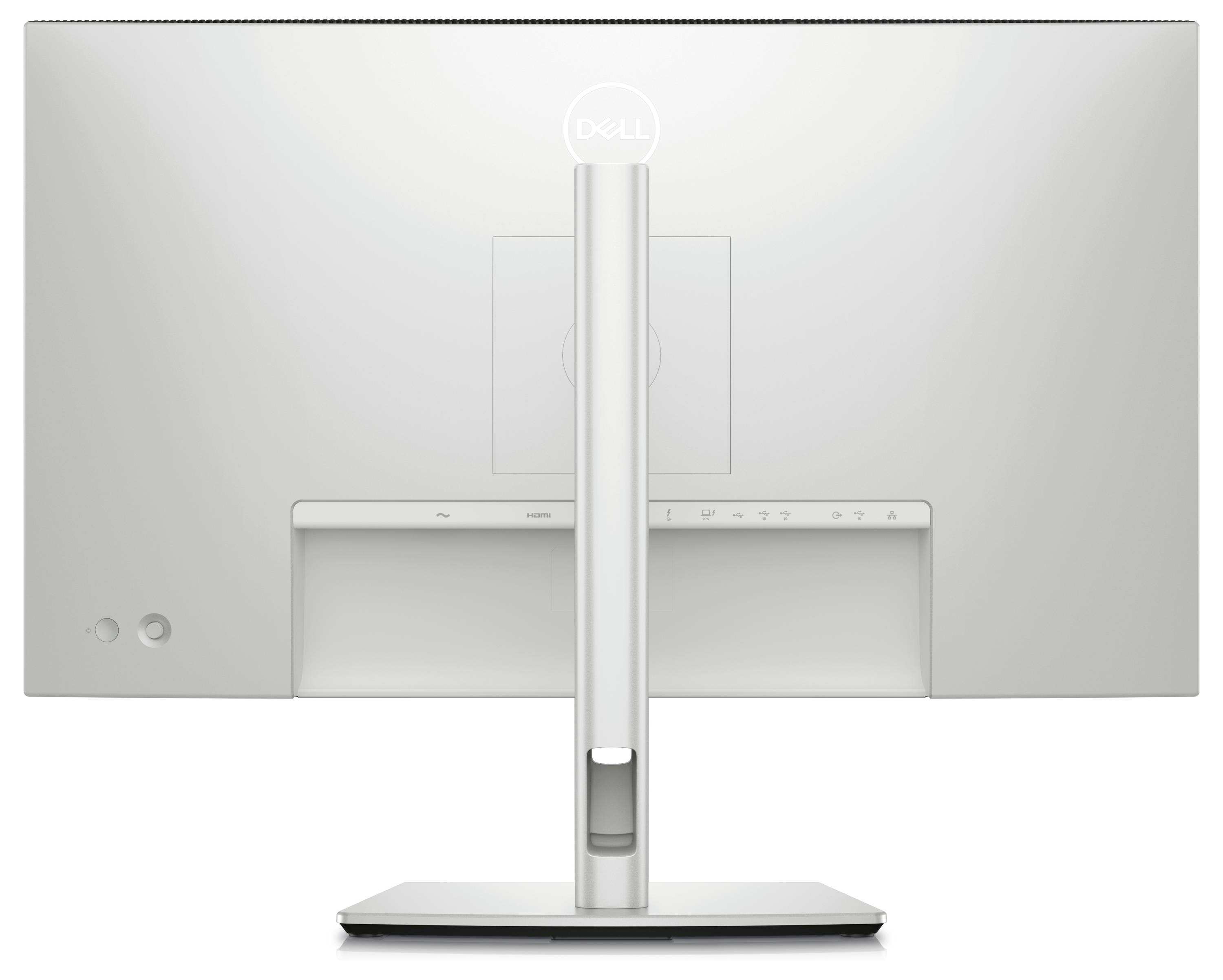 Achteraanzicht van een grijze computermonitor op een standaard, met zichtbare aansluitingen en bedieningsknoppen onderaan de rand.