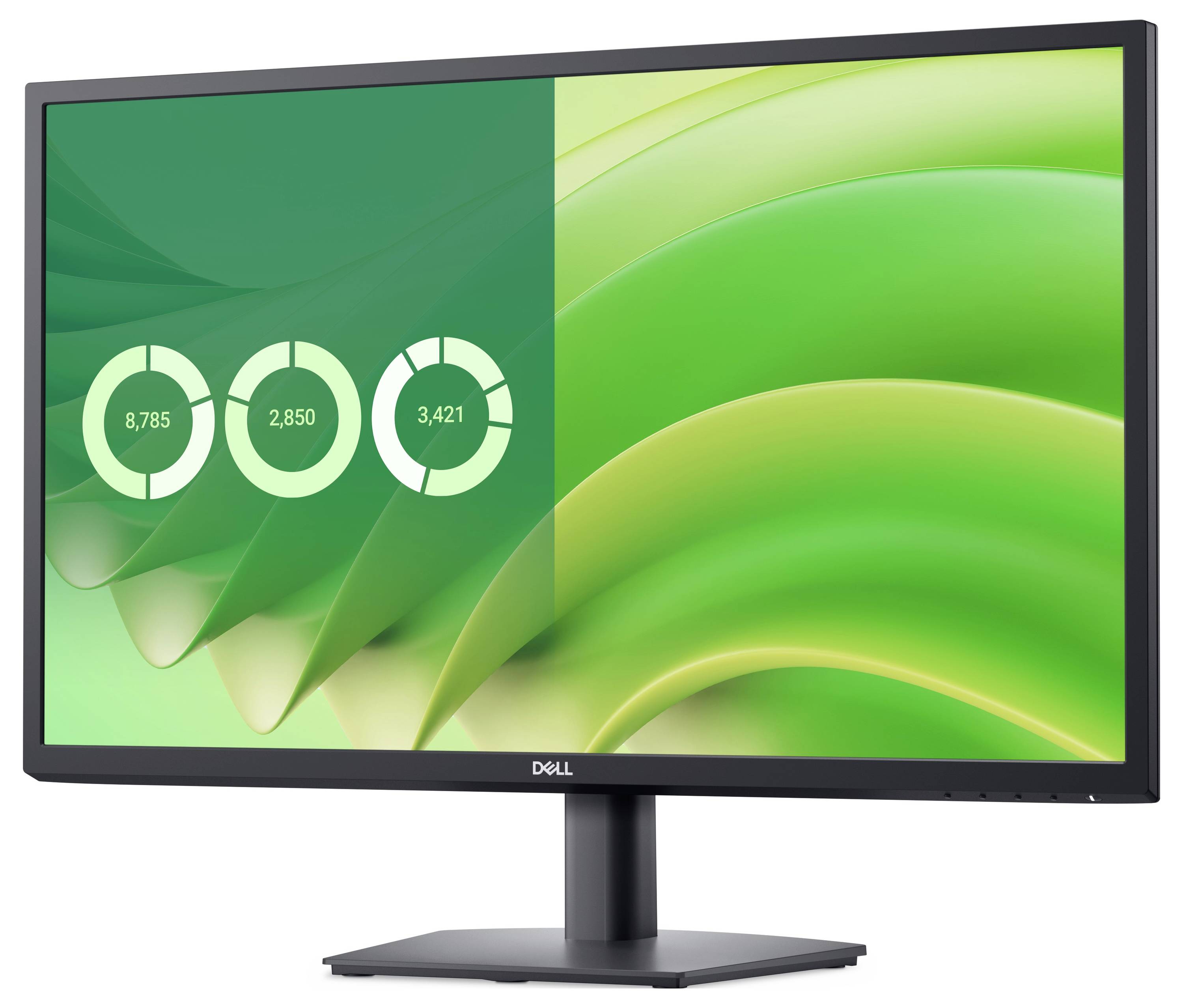 Een computerscherm toont een groen, golvend patroon en drie ronde diagrammen met getallen: '8.785', '2.850', '3.421'.