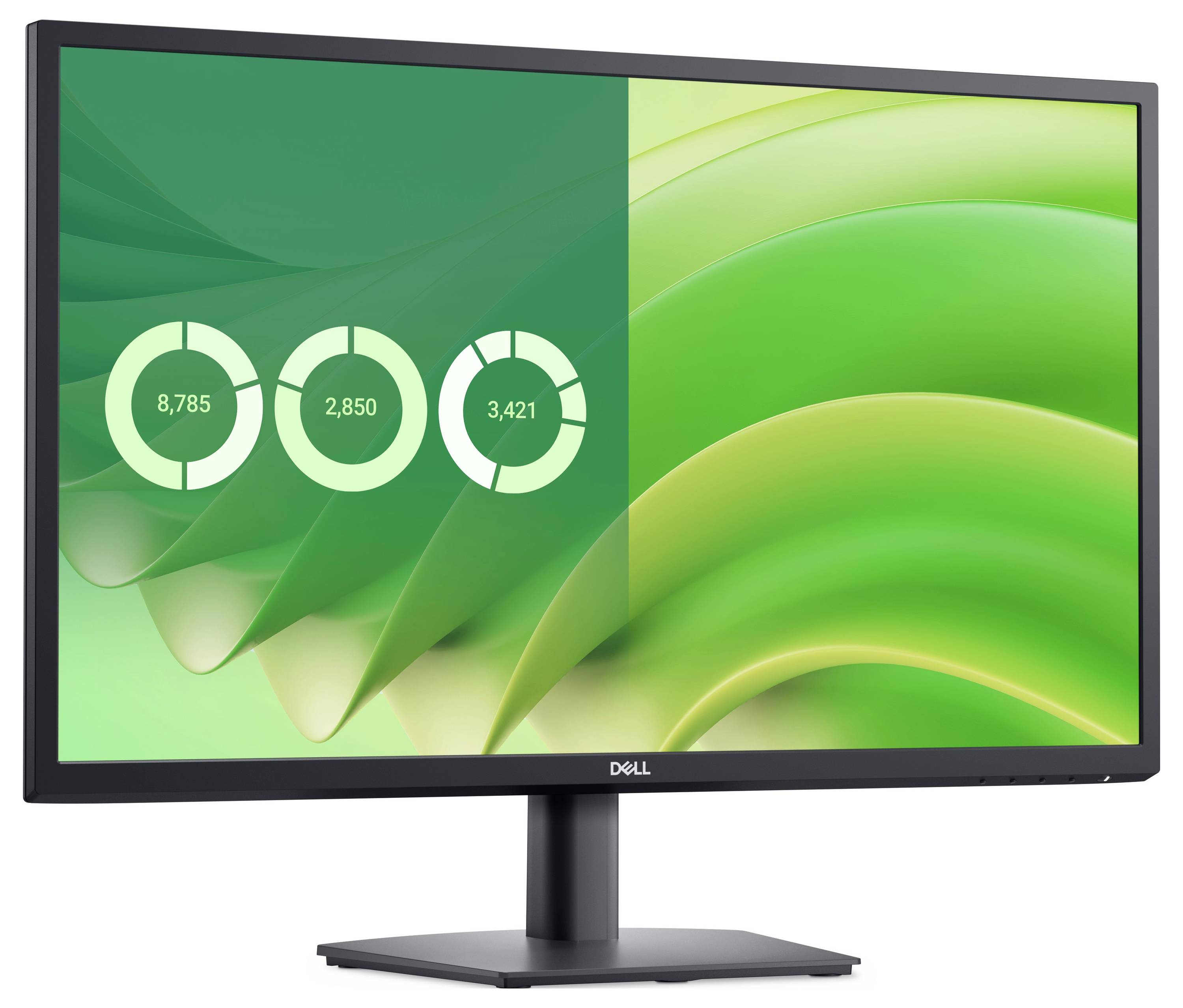 'Dell-monitor met groene achtergrond, toont drie cirkeldiagrammen met getallen: 8.785, 2.850 en 3.421. Onderdelen zijn gemarkeerd.'