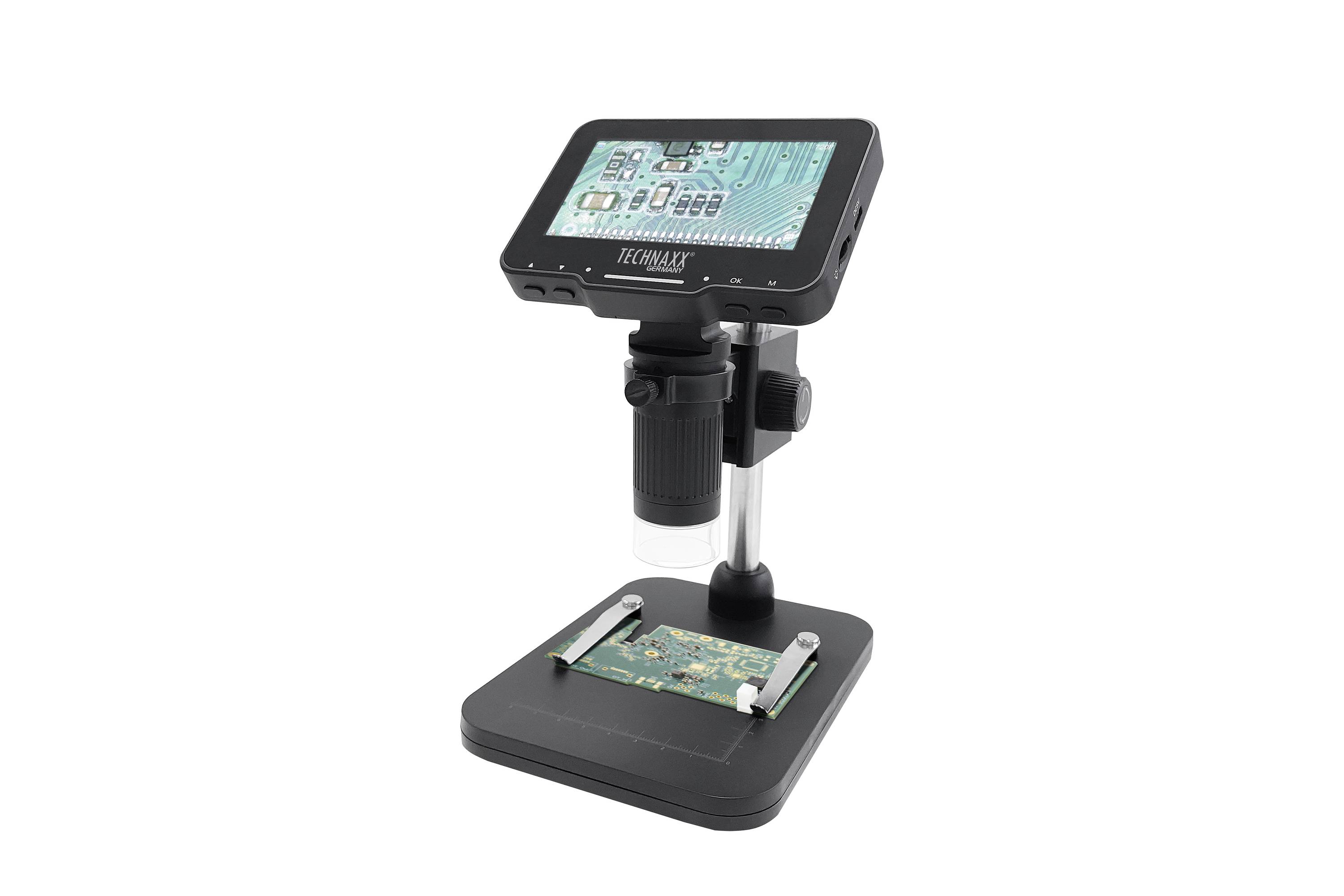 Digitale microscoop met LCD-scherm, toont een vergrote printplaat. Ideaal voor nauwkeurige elektronische inspecties.