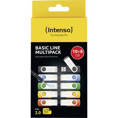 Intenso Basic Line Multipack USB-A-flashdriveset met tien 8GB-sticks in verschillende kleuren en tien beschrijfbare stickers.