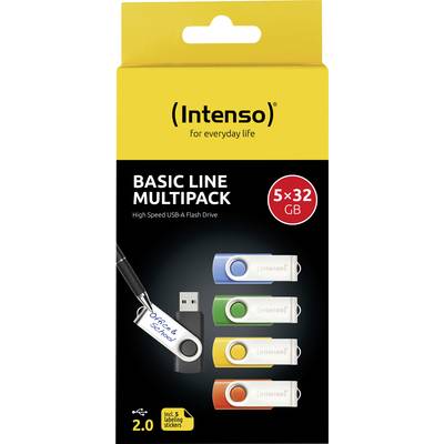 Intenso USB-sticks Basic Line Multipack, 5 stuks van 32 GB, in verschillende kleuren. Bevat 5 bijbehorende etiketten.