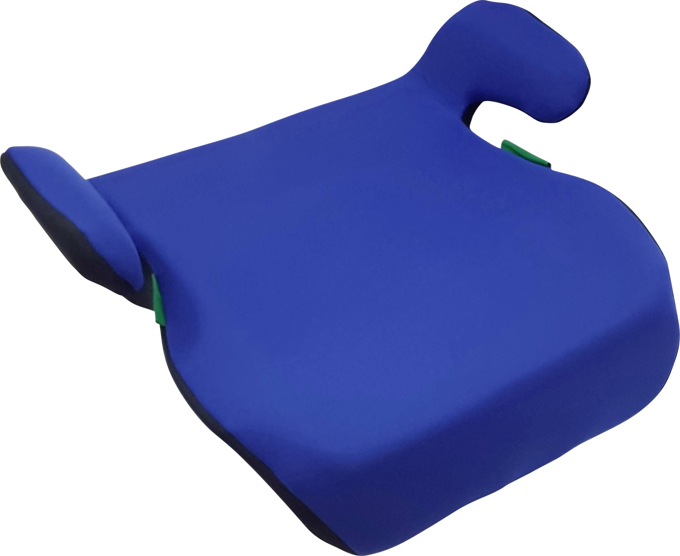 Blauwe kinderzitje zonder rugleuning met armleuningen, geschikt voor het veilig vastmaken van kinderen in de auto, op een witte achtergrond.
