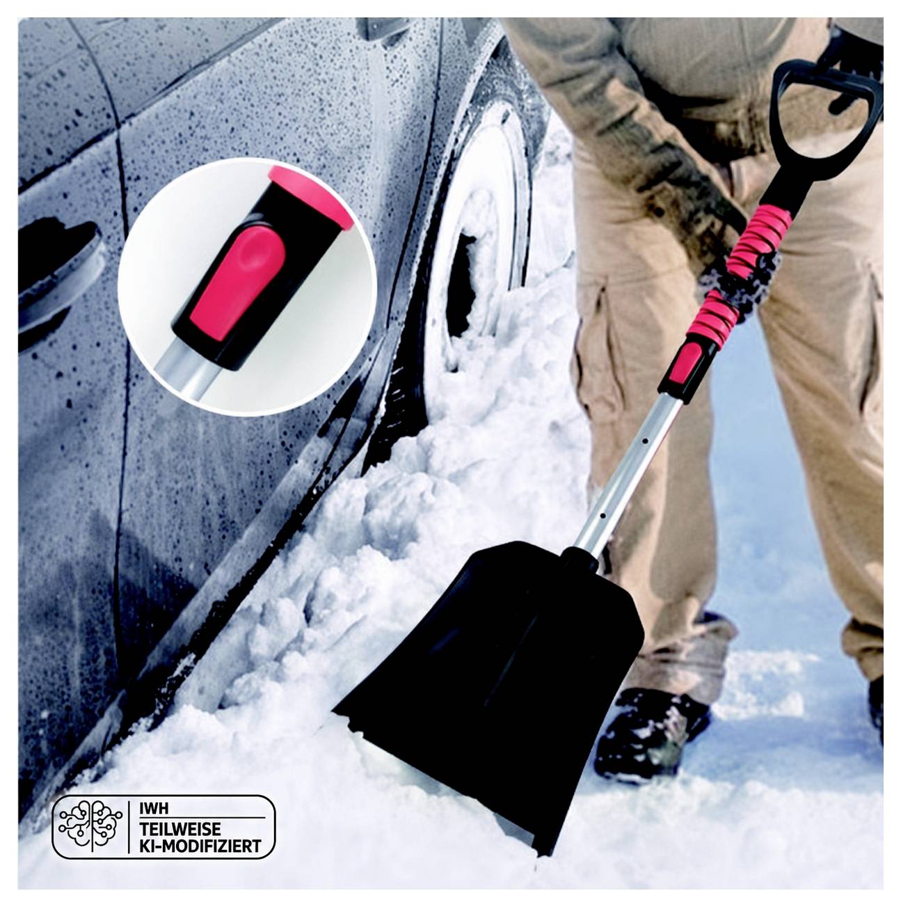 Persoon die sneeuw met een schop naast een autowiel in de winter verwijdert; inzet benadrukt een roze-en-zwart gereedschapdetail.