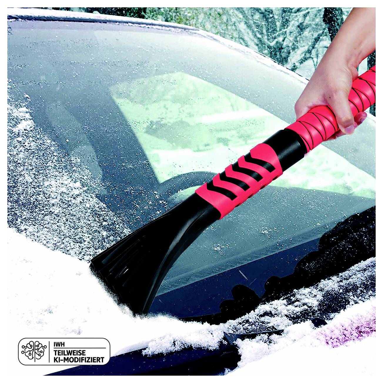 Hand die een roze-zwarte ijskrabber gebruikt om sneeuw en rijp van een autoraam te verwijderen.