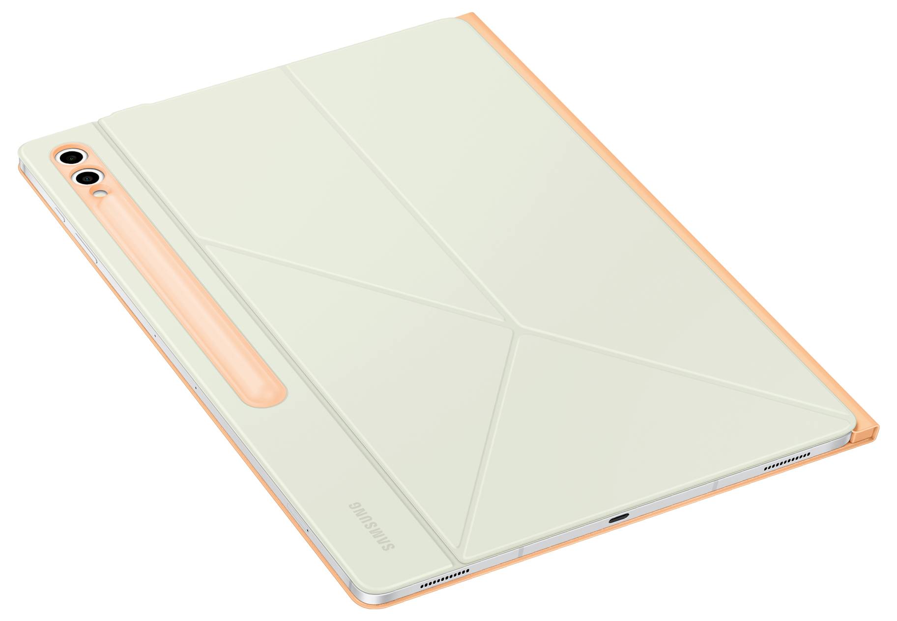 Een tablet met een stijlvol gouden behuizing en twee cameralensen aan de achterkant.