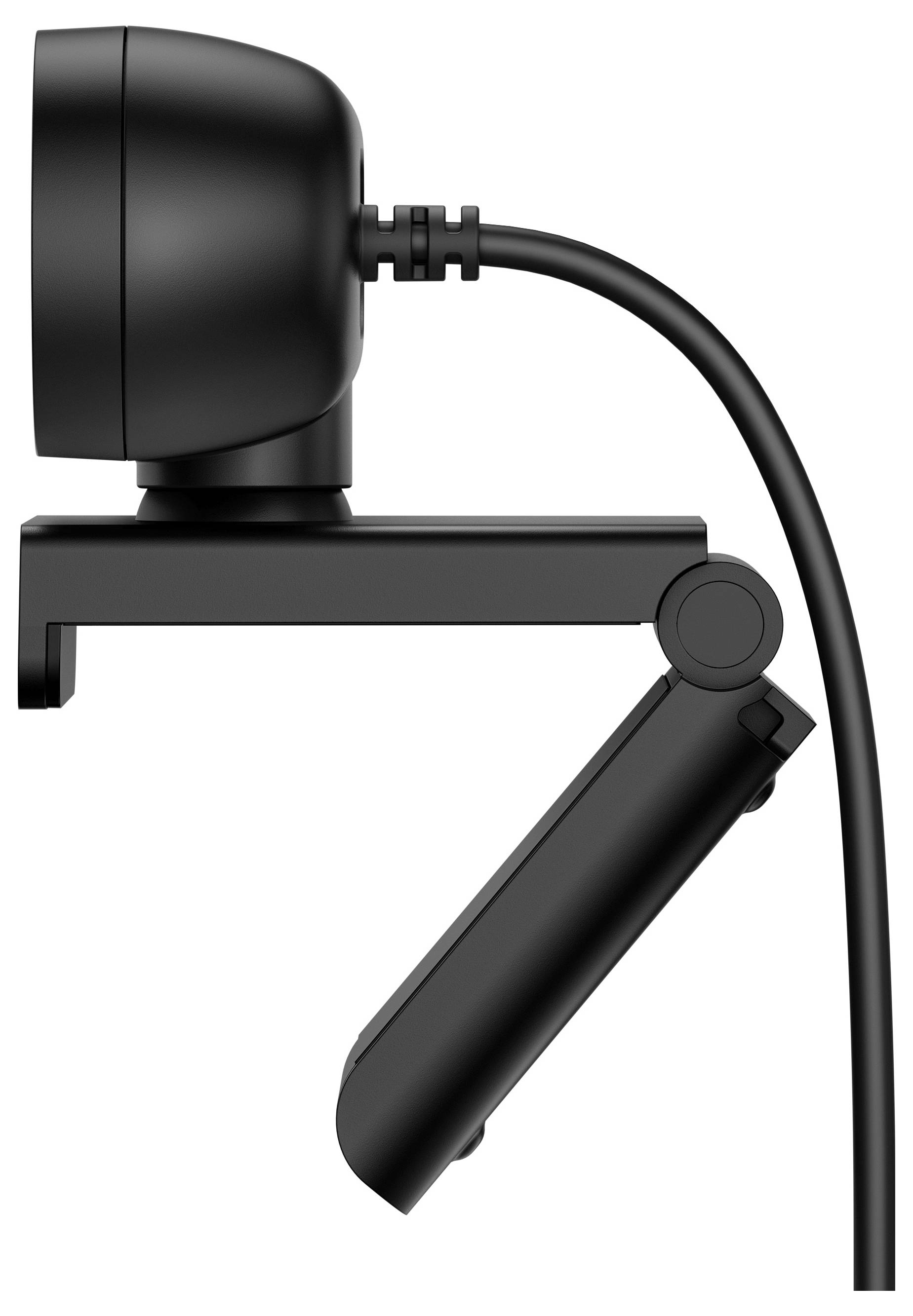 Zwarte webcam in zijaanzicht, gemonteerd op een L-vormige standaard met kabel, geschikt voor computermonitors.