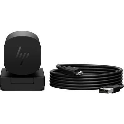 Een zwarte HP-oplader met ernaast een lang, opgerold USB-kabel.