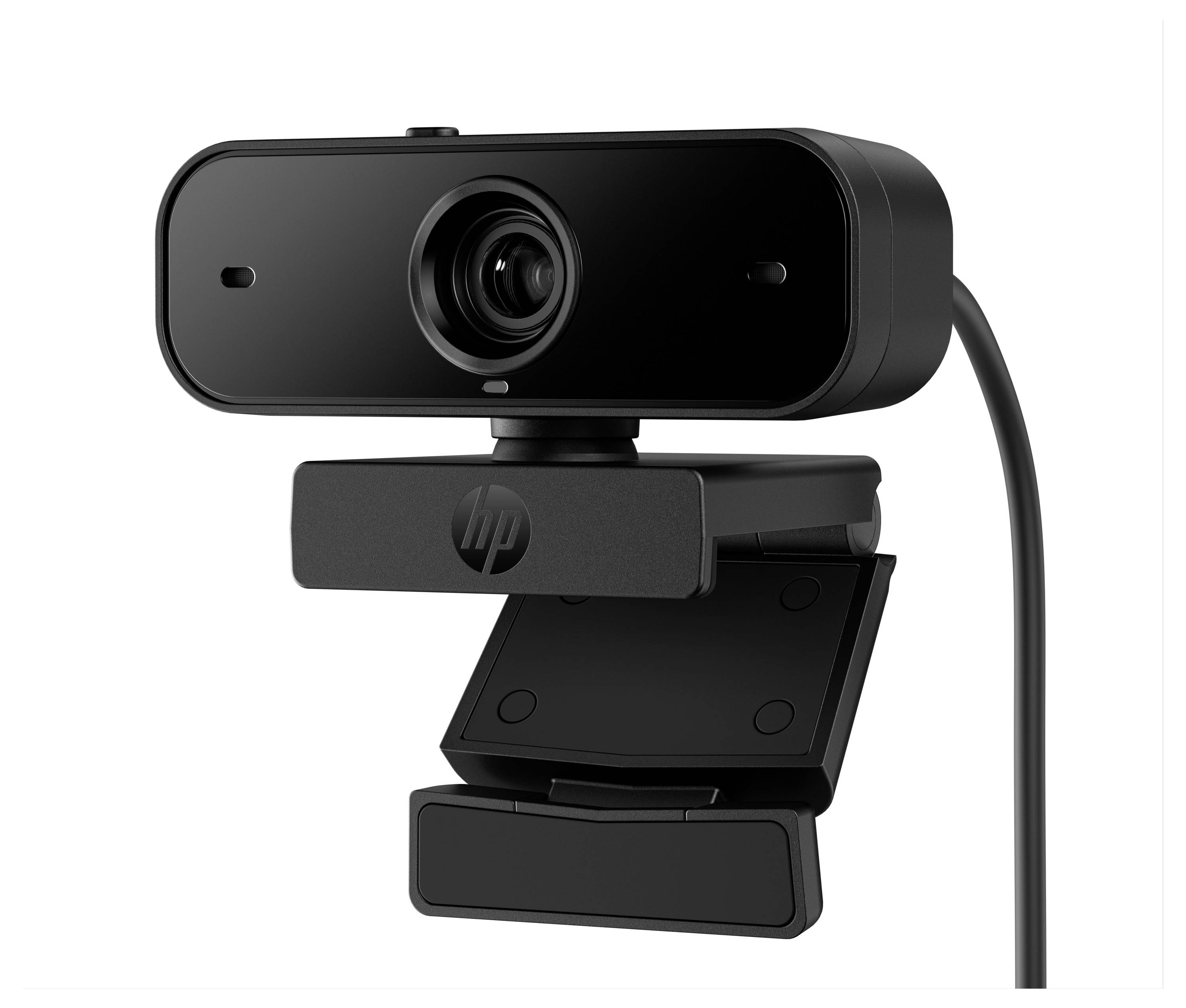 Een zwarte webcam met geïntegreerde microfoon, monteerbaar op beeldschermen, ideaal voor videoconferenties.