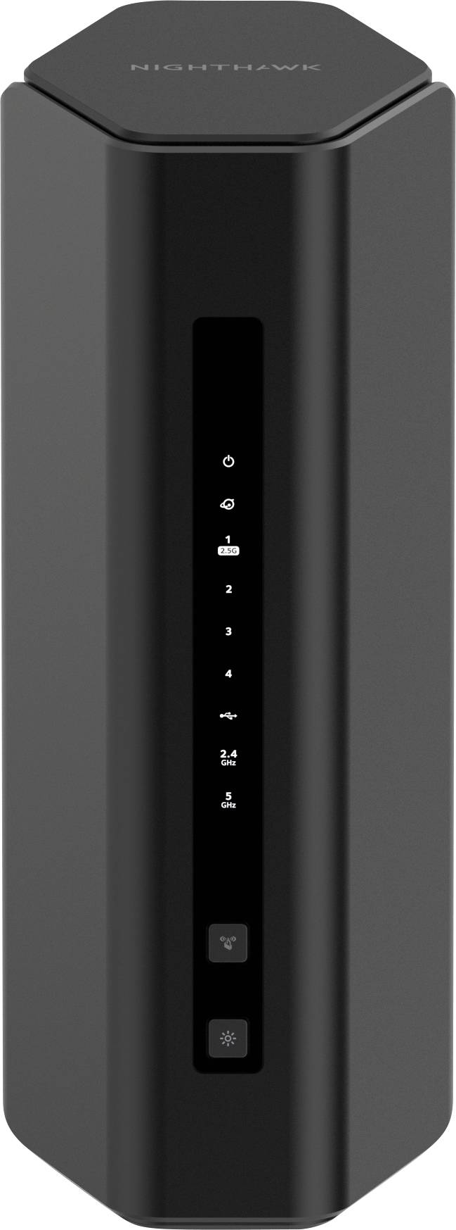 Een zwarte technische router met verticale uitlijning, veel indicatoren aan de voorkant en de aanduiding 'Nighthawk' bovenaan.