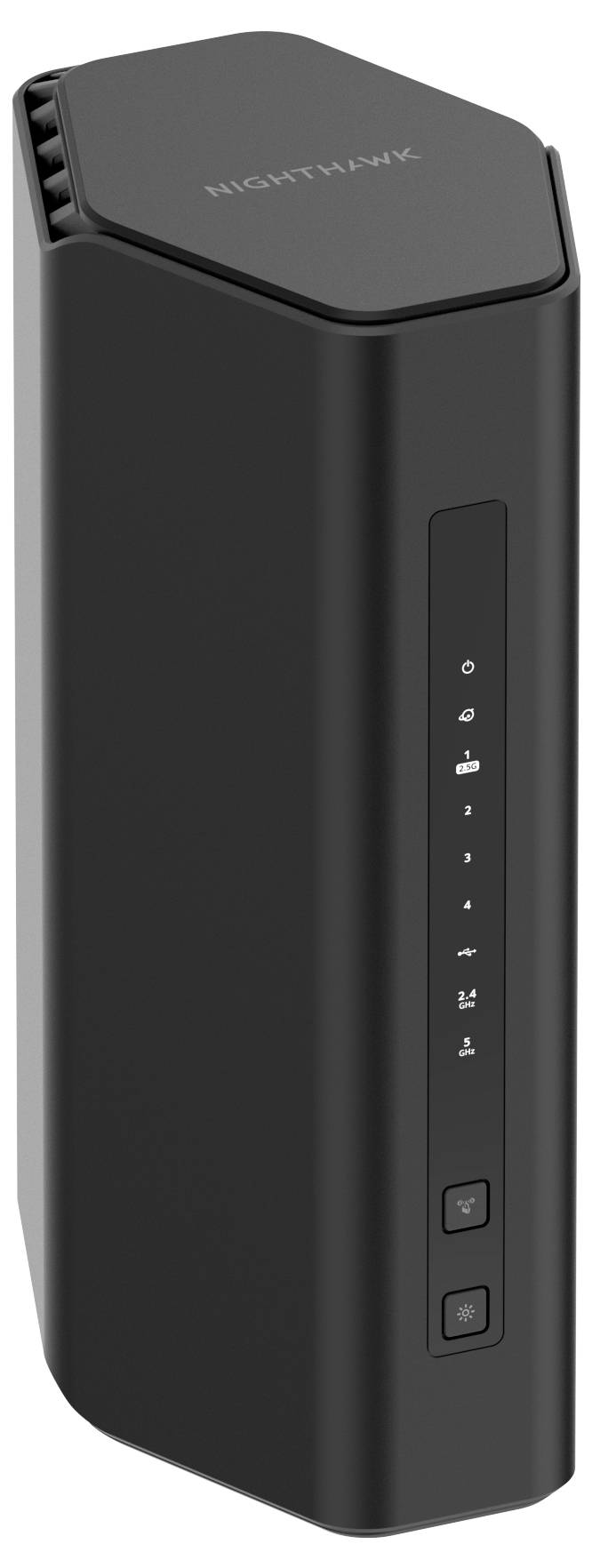 Een zwarte WiFi-router met meerdere bedrijfsindicator-LED's aan de voorkant. Bovenaan staat 'Nighthawk'.