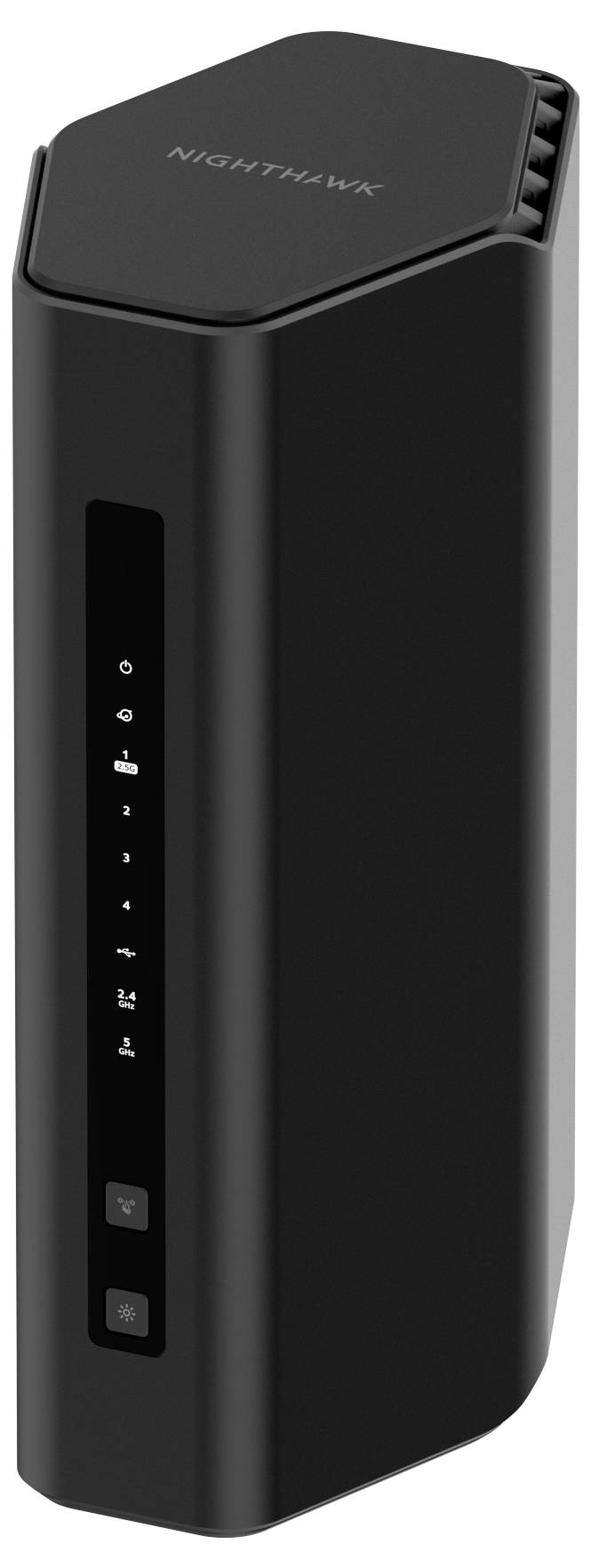 Een zwarte Nighthawk-router met een LED-indicatie aan de voorkant; modern en verticaal geplaatst.