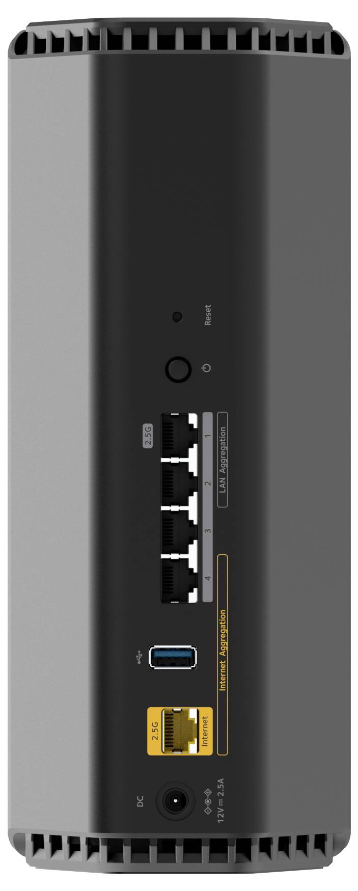 'Achterkant van een technisch apparaat met meerdere aansluitingen, waaronder USB- en Ethernet-poorten, en twee ventilatieopeningen bovenaan en onderaan.'