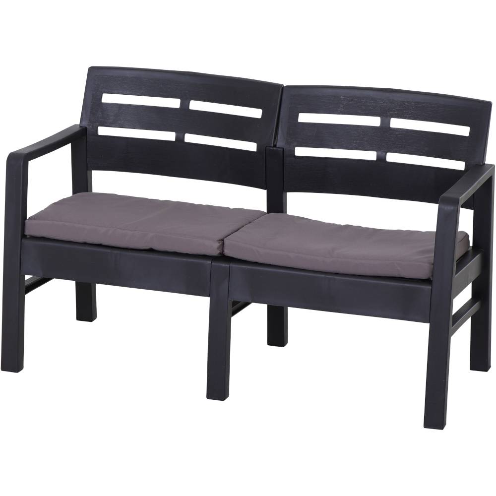Zwarte tuinbank met twee zitplaatsen, gestoffeerd met grijze kussens. Geschikt voor buiten, modern en strak ontworpen.