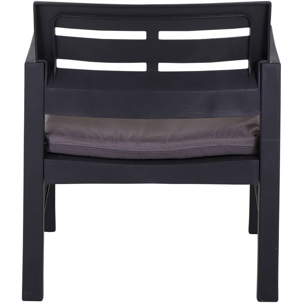 Een zwarte stoel van kunststof met een grijs zitkussen.