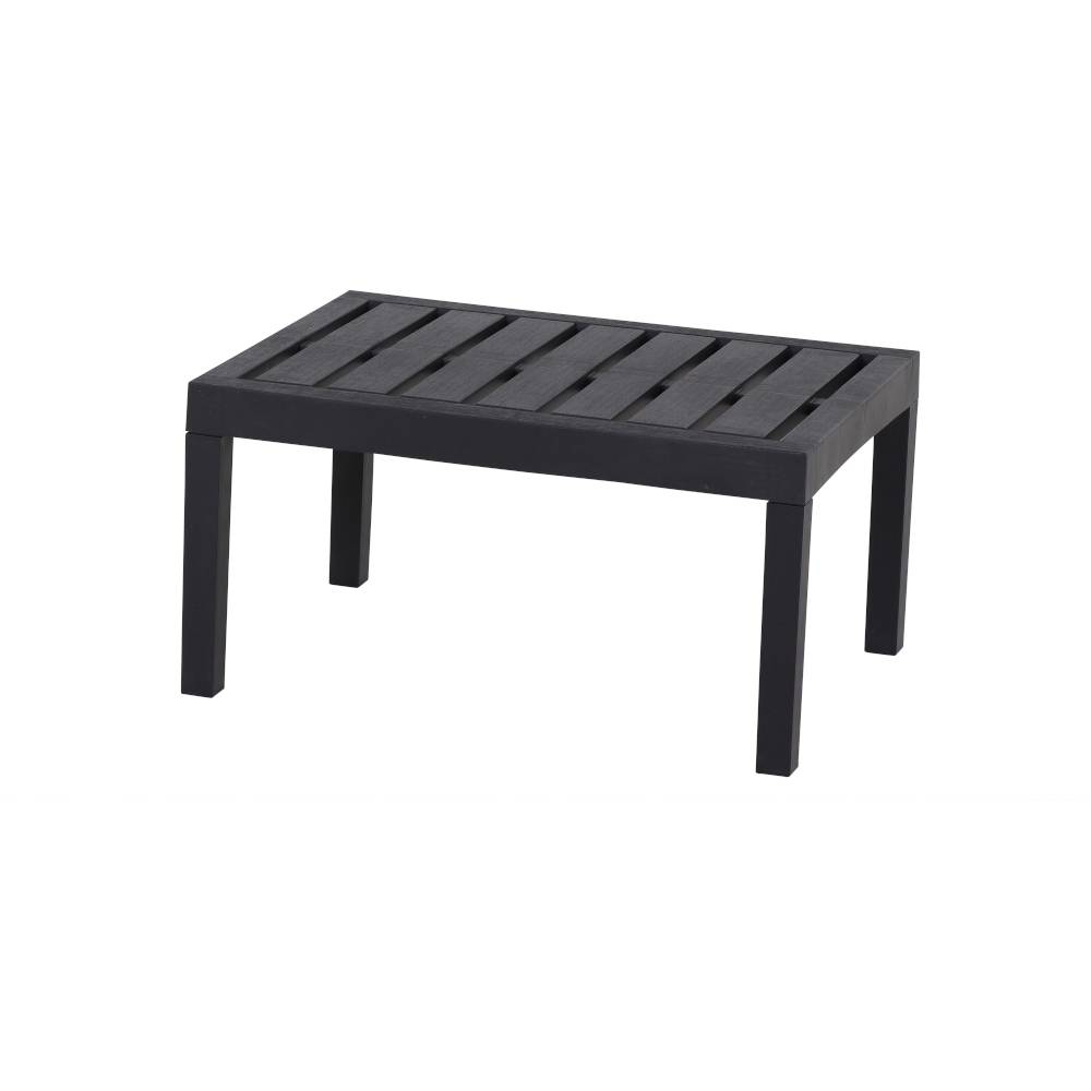 Een zwarte rechthoekige kruk met een open lattenontwerp en vier stevige poten.