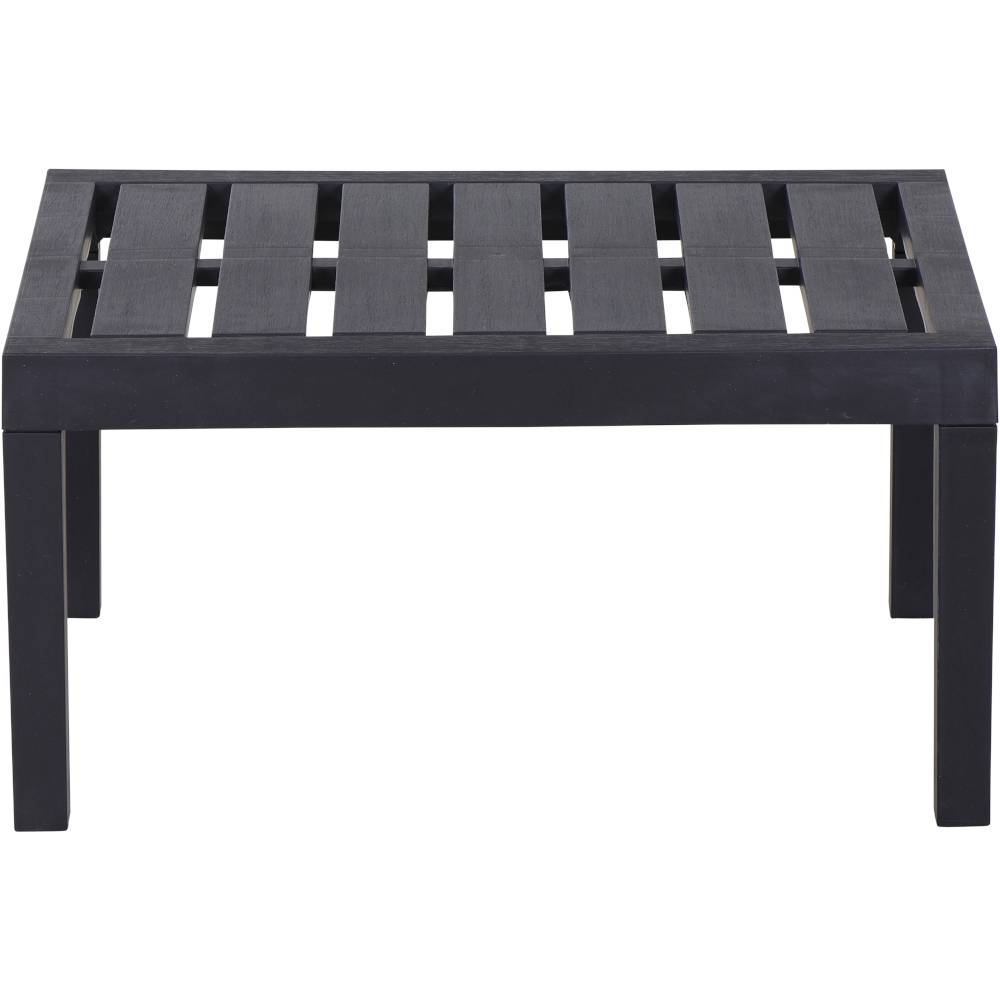 Een rechthoekige, zwarte tafel met lamellen-ontwerp, geschikt voor binnen- en buitengebruik.