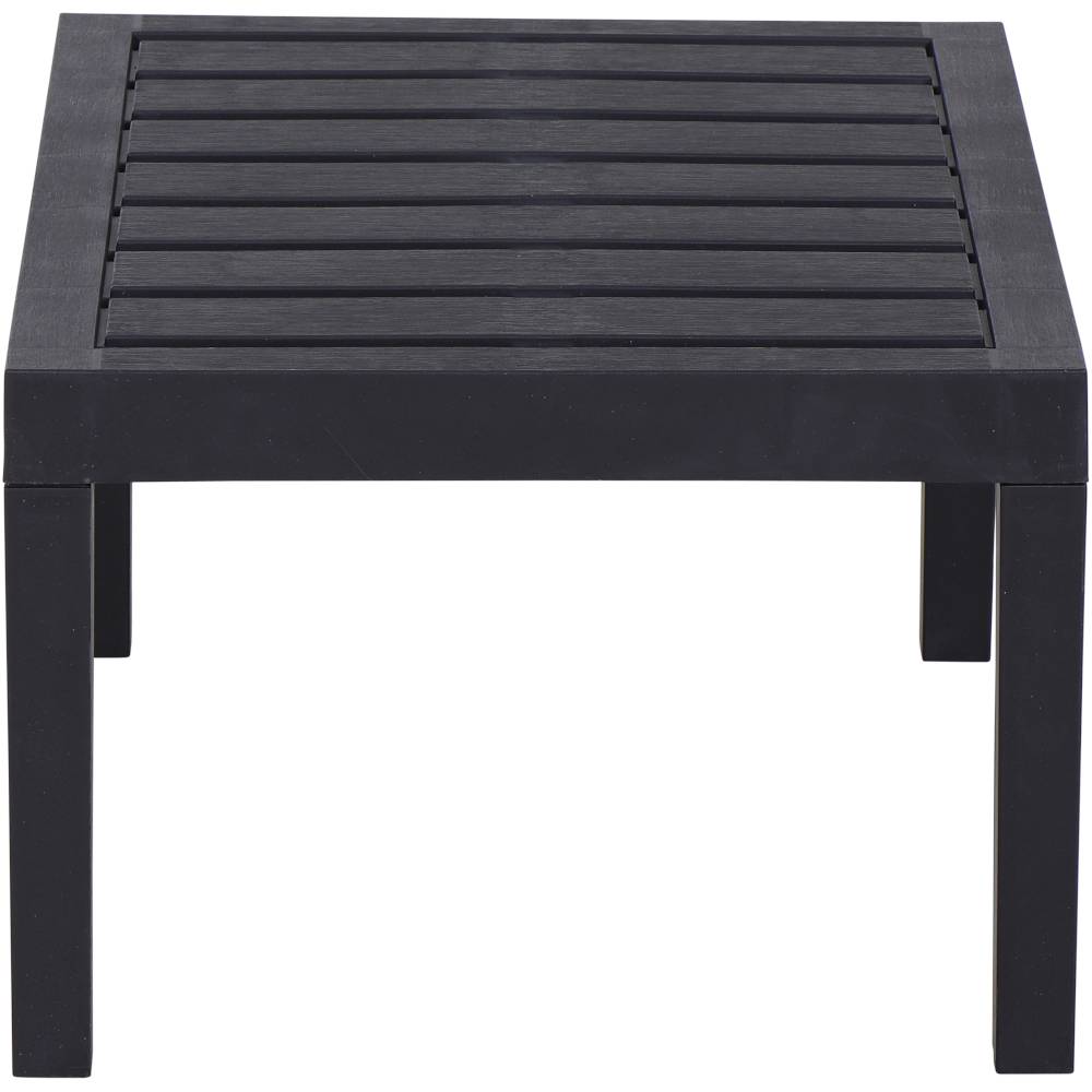 Een rechthoekige, zwarte tafel met een latten-achtig oppervlak en vier poten.