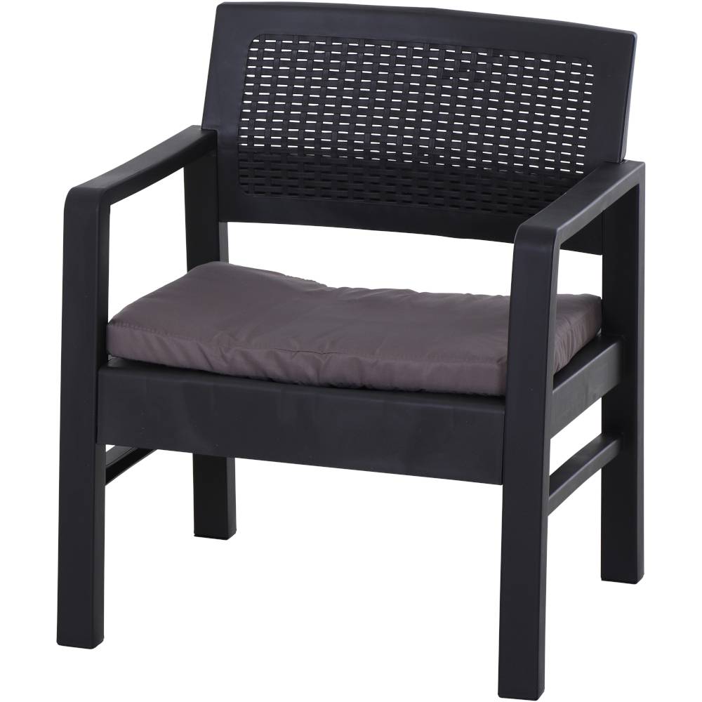 Een moderne, zwarte tuinstoel met armleuningen en een grijs zitkussen. De stoel heeft een strak, elegant design.