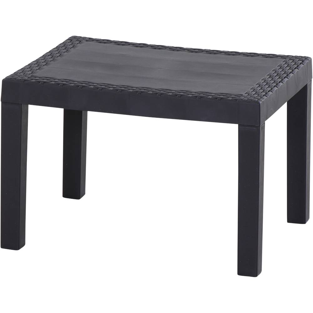 Een zwarte, rechthoekige tafel van kunststof met een gevlochten randontwerppatroon.