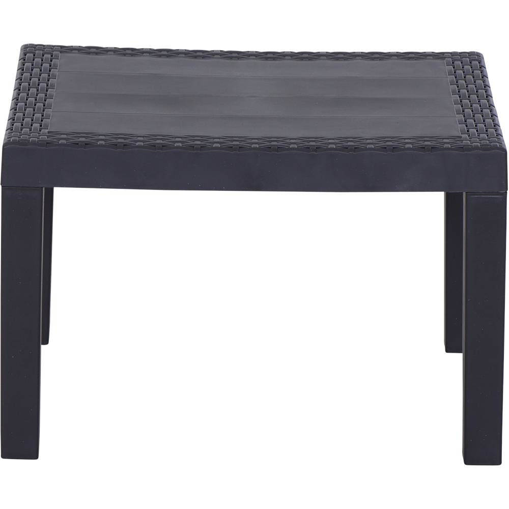 Een kleine, rechthoekige, zwarte tafel van kunststof met een gevlochten oppervlak, geschikt voor buitengebruik.