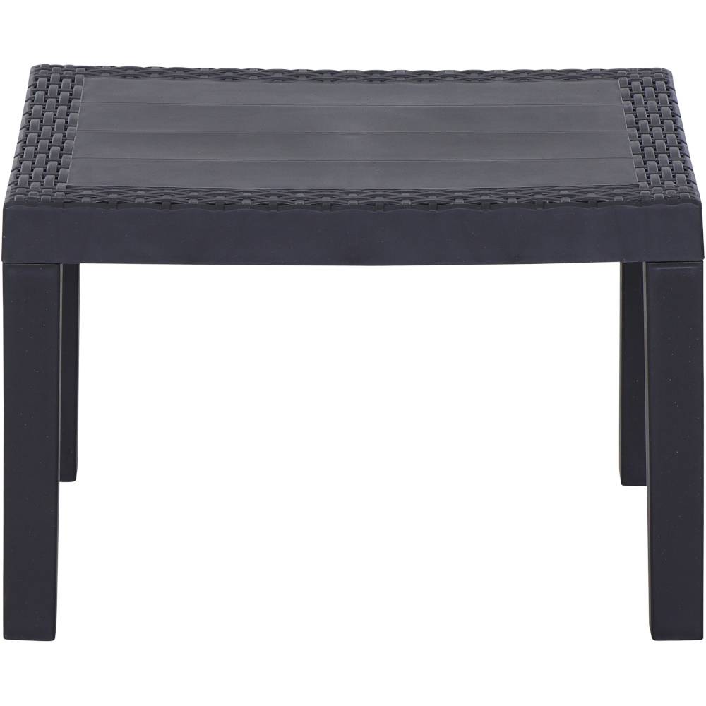 Een zwarte vierkante tafel van kunststofvlechtwerk met een helder, modern design.