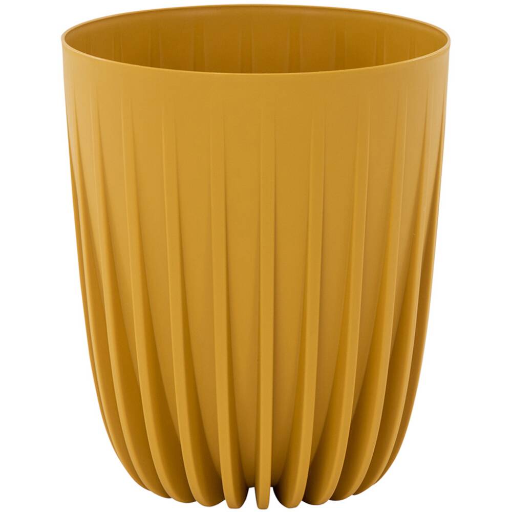 Een gele, geprofileerde plastic vuilnisemmer in cilindrische vorm.