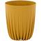 Een gele, geprofileerde plastic vuilnisemmer in cilindrische vorm.