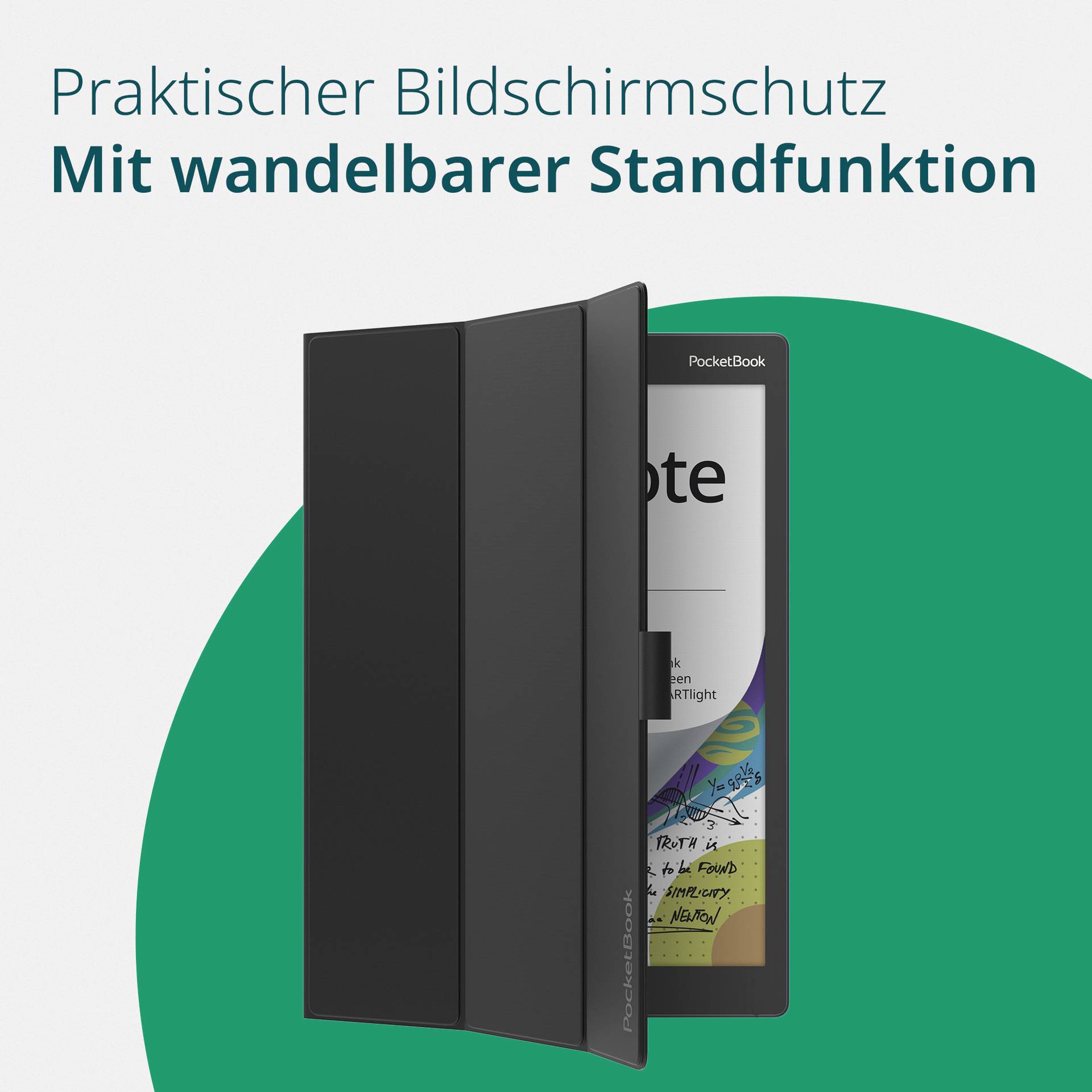 E-reader met beschermhoes en standaard; Tekst 'Praktische schermbeveiliging' en 'Met veranderbare standaardfunctie'.