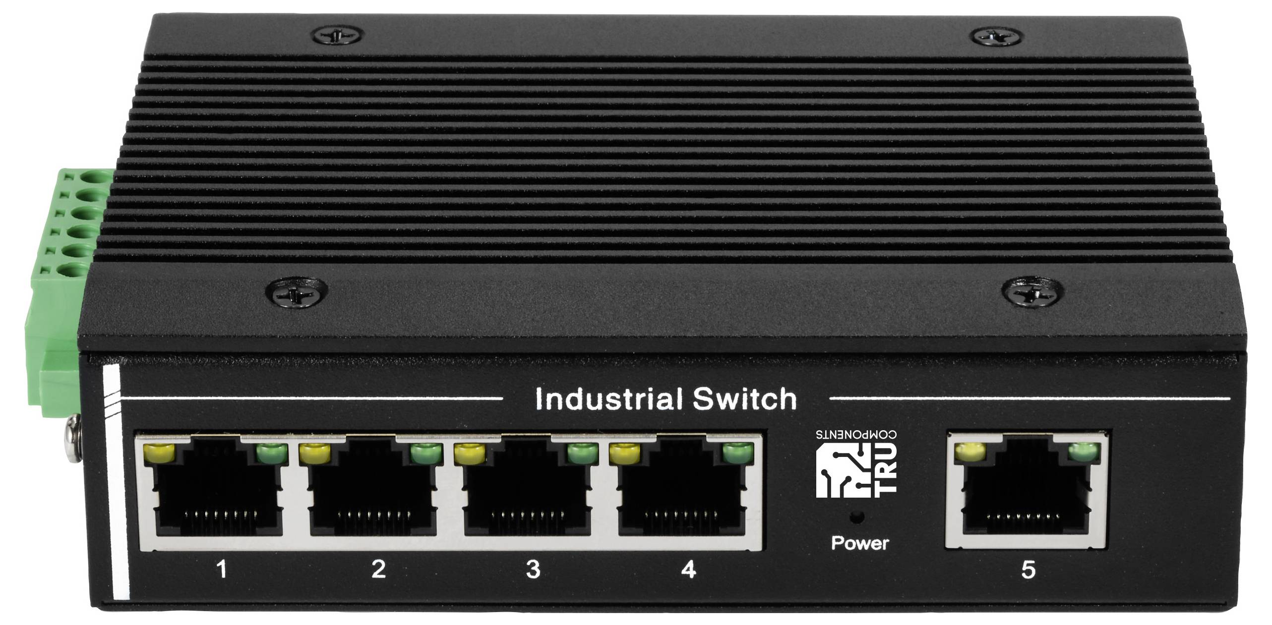 Industriële switch met vijf Ethernet-poorten en een stroomweergave. Geschikt voor industriële netwerken.