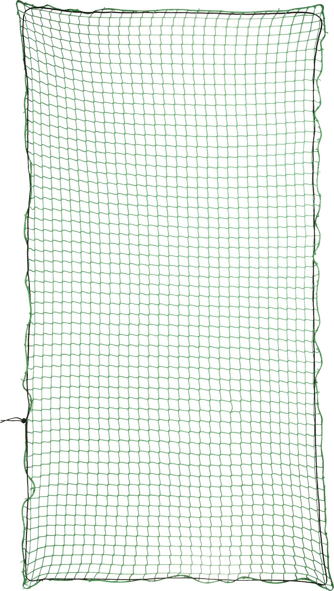 Een rechthoekig, groen net met een fijn, gelijkmatig vierkant patroon, typisch gebruikt voor het vangen of beschermen van objecten.