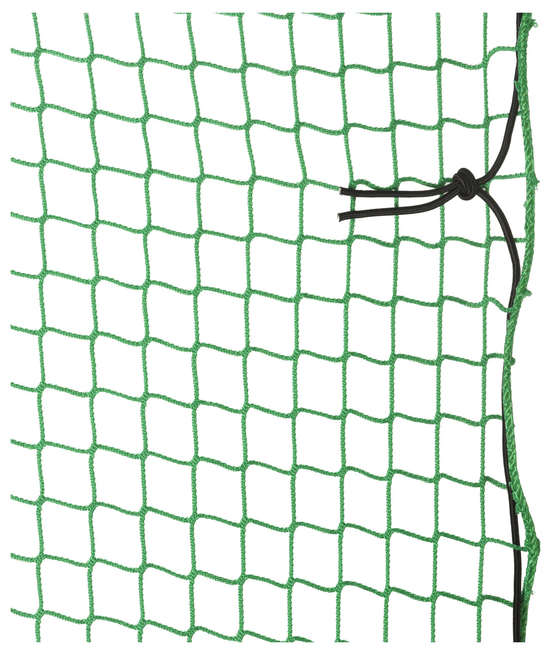 Een groen net met vierkante mazen; rechts vastgebonden met een zwarte knoop. Ontgrendeld en robuust, geschikt voor veiligheid of decoratie.
